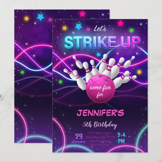 Girl Bowling Birthday Uitnodiging (Voorkant / Achterkant)