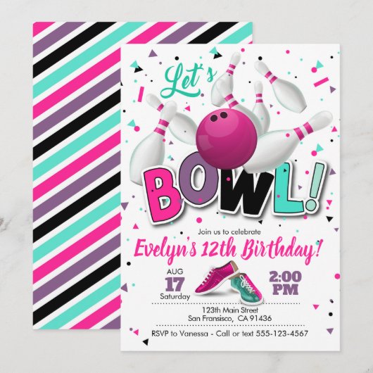 Girl Bowling Party Uitnodiging voor Bowling Party (Voorkant / Achterkant)