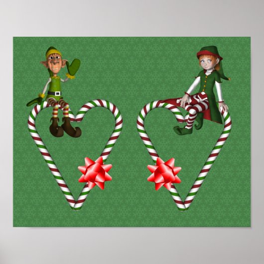 Girl Boy Elf Candy Cane Hearts Kerstfeestdag Poster (Voorkant)