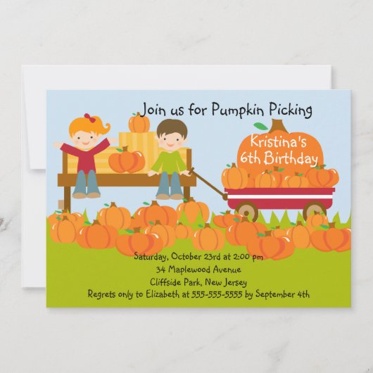 Girl Boy Pumpkin Picking Birthday Party Invitation Kaart (Voorkant)