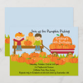 Girl Boy Pumpkin Picking Birthday Party Invitation Kaart (Voorkant / Achterkant)