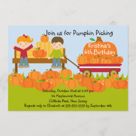 Girl Boy Pumpkin Picking Birthday Party Invitation Kaart