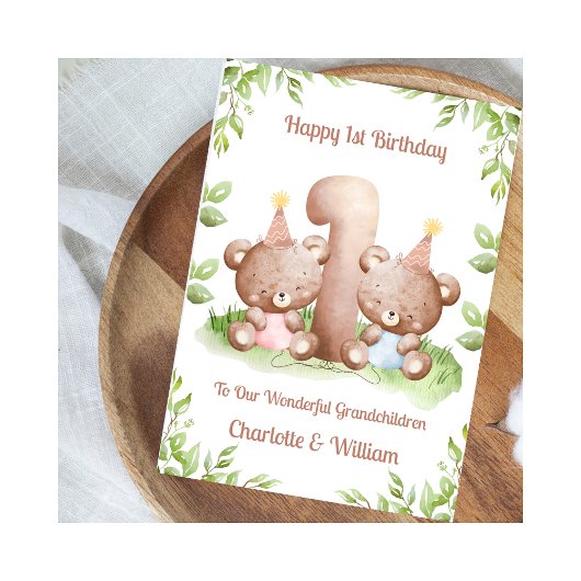 Girl Boy Twins 1st Birthday Teddy Bears Card Kaart