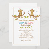 Girl Boy Twins Party Baby shower Monkey Invitation Kaart (Voorkant / Achterkant)