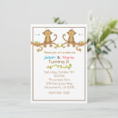 Girl Boy Twins Party Baby shower Monkey Invitation Kaart (Staand voorkant)