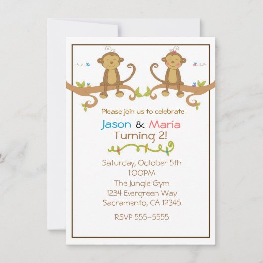 Girl Boy Twins Party Baby shower Monkey Invitation Kaart (Voorkant)