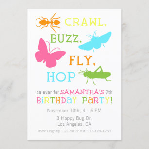 Girl Bug Insect Birthday Party Invitation Kaart