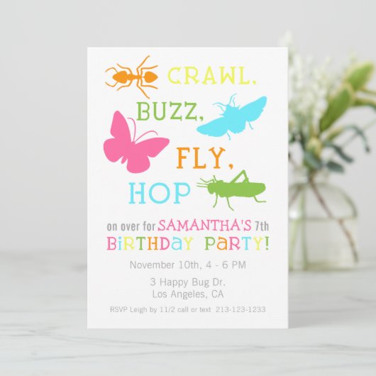 Girl Bug Insect verjaardagsfeestje uitnodiging (Staand voorkant)