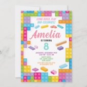 Girl Building Block Verjaardag Uitnodiging. bakste Kaart (Voorkant)