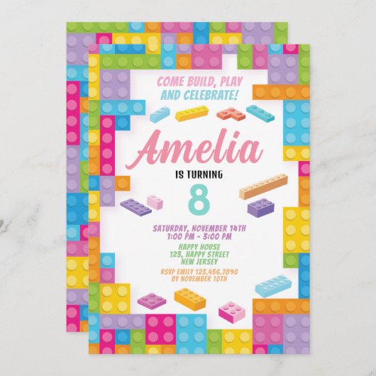 Girl Building Block Verjaardag Uitnodiging. bakste Kaart (Voorkant / Achterkant)