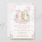 Girl Bunny 1st Birthday Pink Floral ballonpartij Kaart (Voorkant)