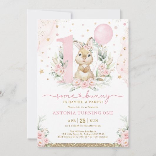 Girl Bunny 1st Birthday Pink Floral ballonpartij Kaart (Voorkant)