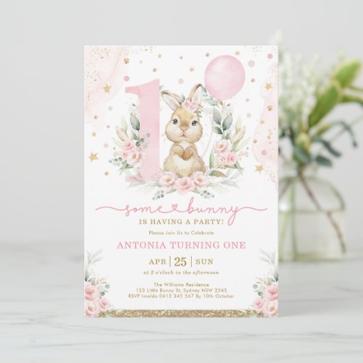 Girl Bunny 1st Birthday Pink Floral ballonpartij Kaart (Staand voorkant)