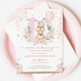 Girl Bunny 1st Birthday Pink Floral ballonpartij Kaart