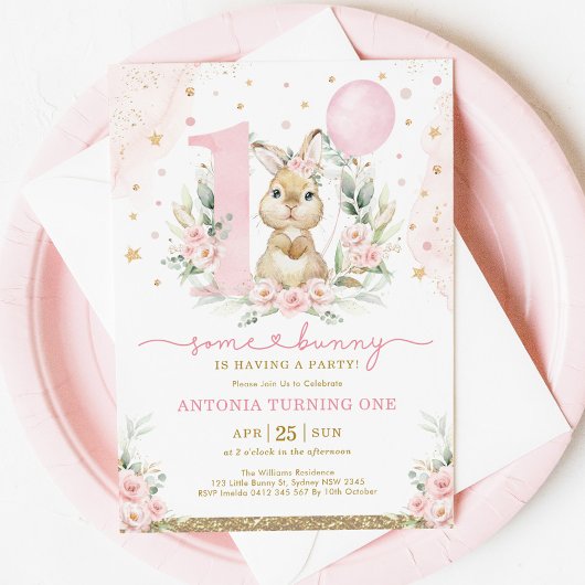Girl Bunny 1st Birthday Pink Floral ballonpartij Kaart