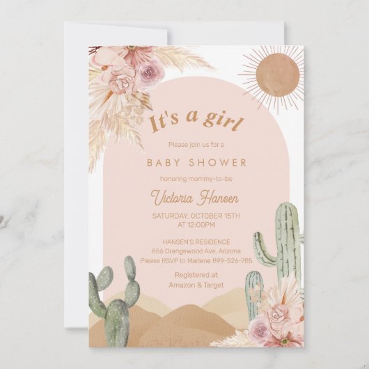 Girl Cactus Desert Baby Shower Southwestern Kaart (Voorkant)