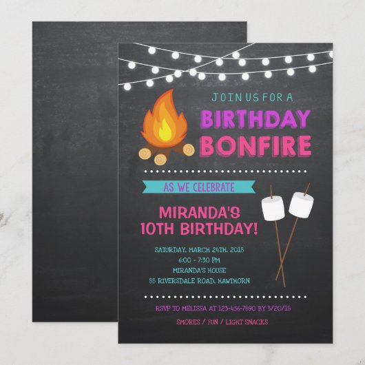 Girl Camp Bonfire Verjaardag Uitnodiging (Voorkant / Achterkant)