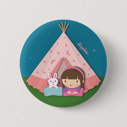 Girl Camping Teepee Tent Bunny Ronde Button 5,7 Cm (Voorkant)