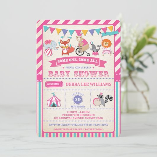 Girl Carnival Circus Animals Baby shower Invite Kaart (Staand voorkant)