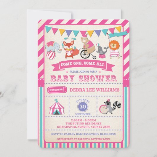 Girl Carnival Circus Animals Baby shower Invite Kaart (Voorkant)