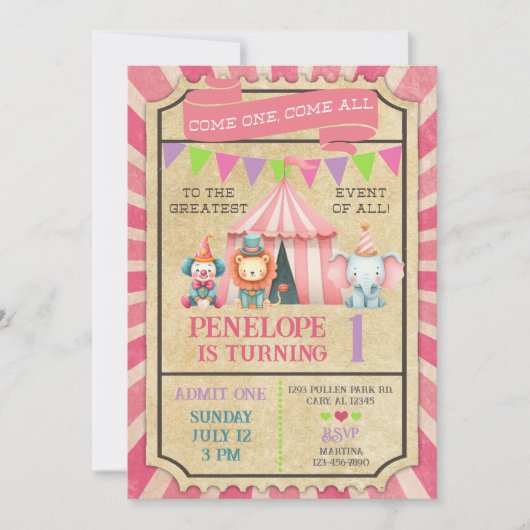 Girl carnival / circus ticket pink birthday invite kaart (Voorkant)