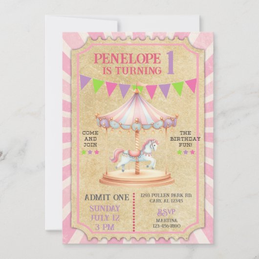Girl carnival merry go round birthday invite. kaart (Voorkant)