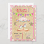 Girl carnival merry go round birthday invite. kaart (Voorkant / Achterkant)