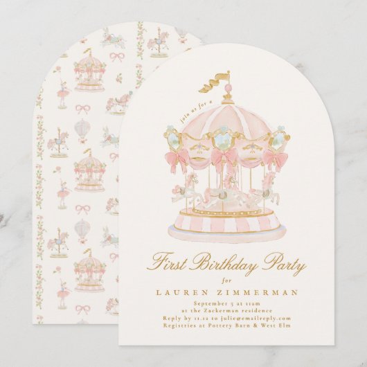 Girl Carousel Fairytale Cream Arch Birthday Party Kaart (Voorkant / Achterkant)