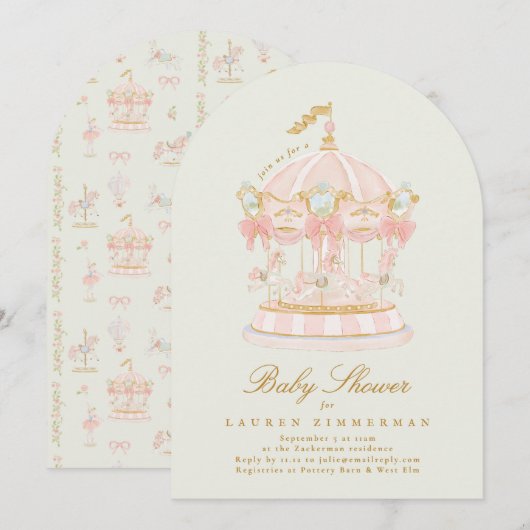 Girl Carousel Fairytale Sage Arch Baby Shower Kaart (Voorkant / Achterkant)