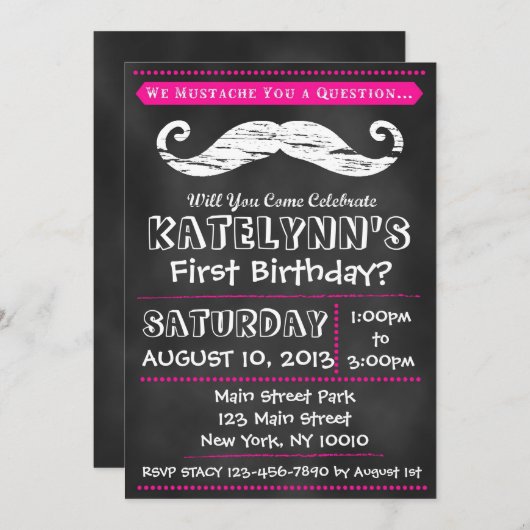 Girl Chalkboard Mustache Birthday Uitnodiging (Voorkant / Achterkant)