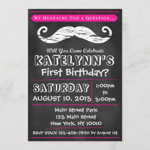Girl Chalkboard Mustache Birthday Uitnodiging