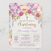 Girl Christening Invitation Paarse Flower Baptisme Kaart (Voorkant / Achterkant)
