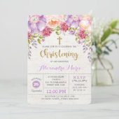 Girl Christening Invitation Paarse Flower Baptisme Kaart (Staand voorkant)