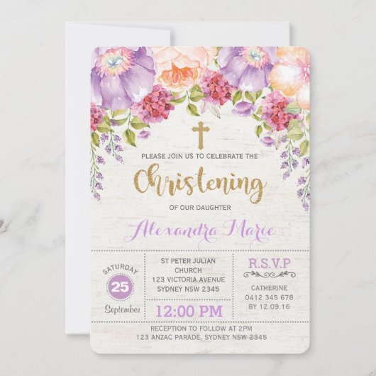Girl Christening Invitation Paarse Flower Baptisme Kaart (Voorkant)
