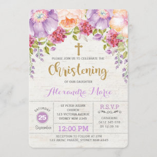 Girl Christening Invitation Paarse Flower Baptisme Kaart