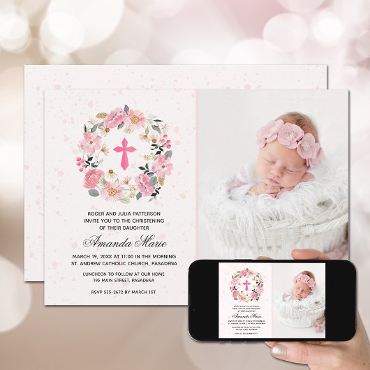 Girl Christening Waterverf Pink Floral Kaart