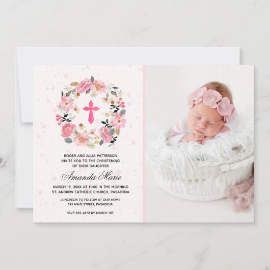 Girl Christening Waterverf Pink Floral Kaart (Voorkant)