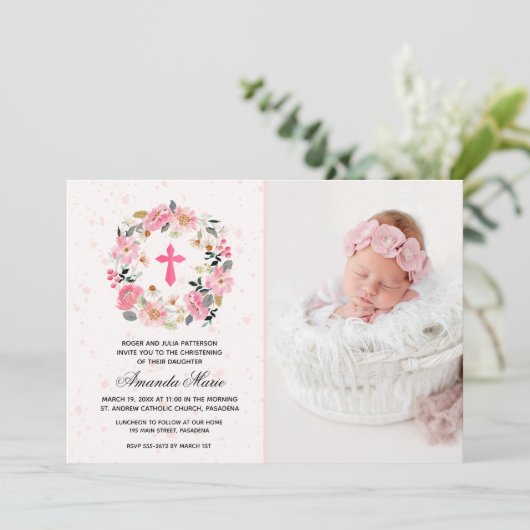 Girl Christening Waterverf Pink Floral Kaart (Staand voorkant)