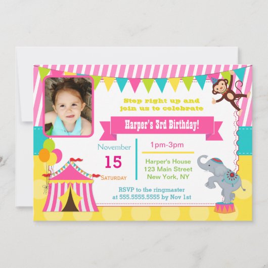 Girl Circus Carnival Foto Birthday Invitations Kaart (Voorkant)