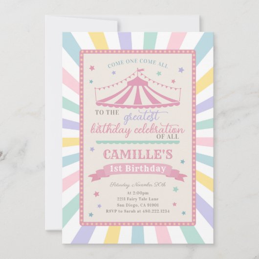 Girl Circus Theme Birthday Party Invitation Kaart (Voorkant)