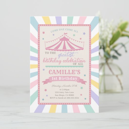 Girl Circus Theme Birthday Party Invitation Kaart (Staand voorkant)