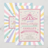 Girl Circus Theme Birthday Party Invitation Kaart (Voorkant / Achterkant)