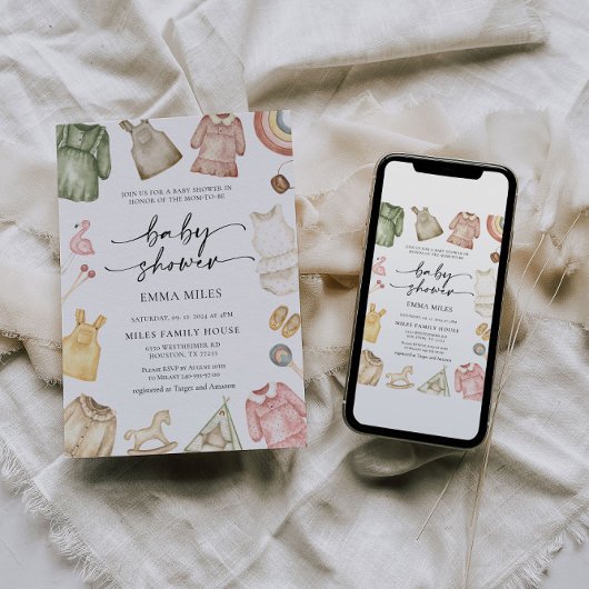 Girl Clothes Baby shower Invitation Kaart