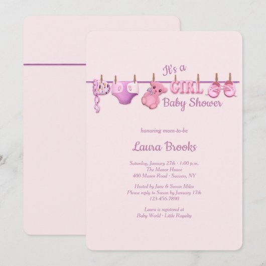 Girl Clothesline Baby shower Kaart (Voorkant / Achterkant)