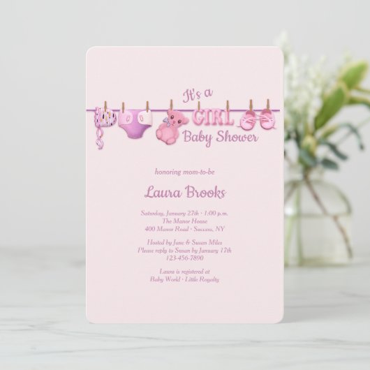 Girl Clothesline Baby shower Kaart (Staand voorkant)