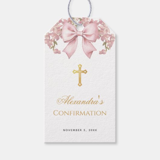 Girl Confirmation Pink Bow Faux Gold Cross Floral Cadeaulabel (Voorkant)