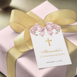 Girl Confirmation Pink Bow Faux Gold Cross Floral Cadeaulabel
