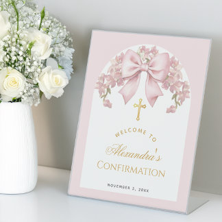 Girl Confirmation Welcome Pink Bow Floral Arch  Reclamebord Met Voetstuk