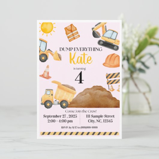 Girl Construction Birthday Invitation Kaart (Staand voorkant)