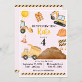 Girl Construction Birthday Invitation Kaart (Voorkant / Achterkant)